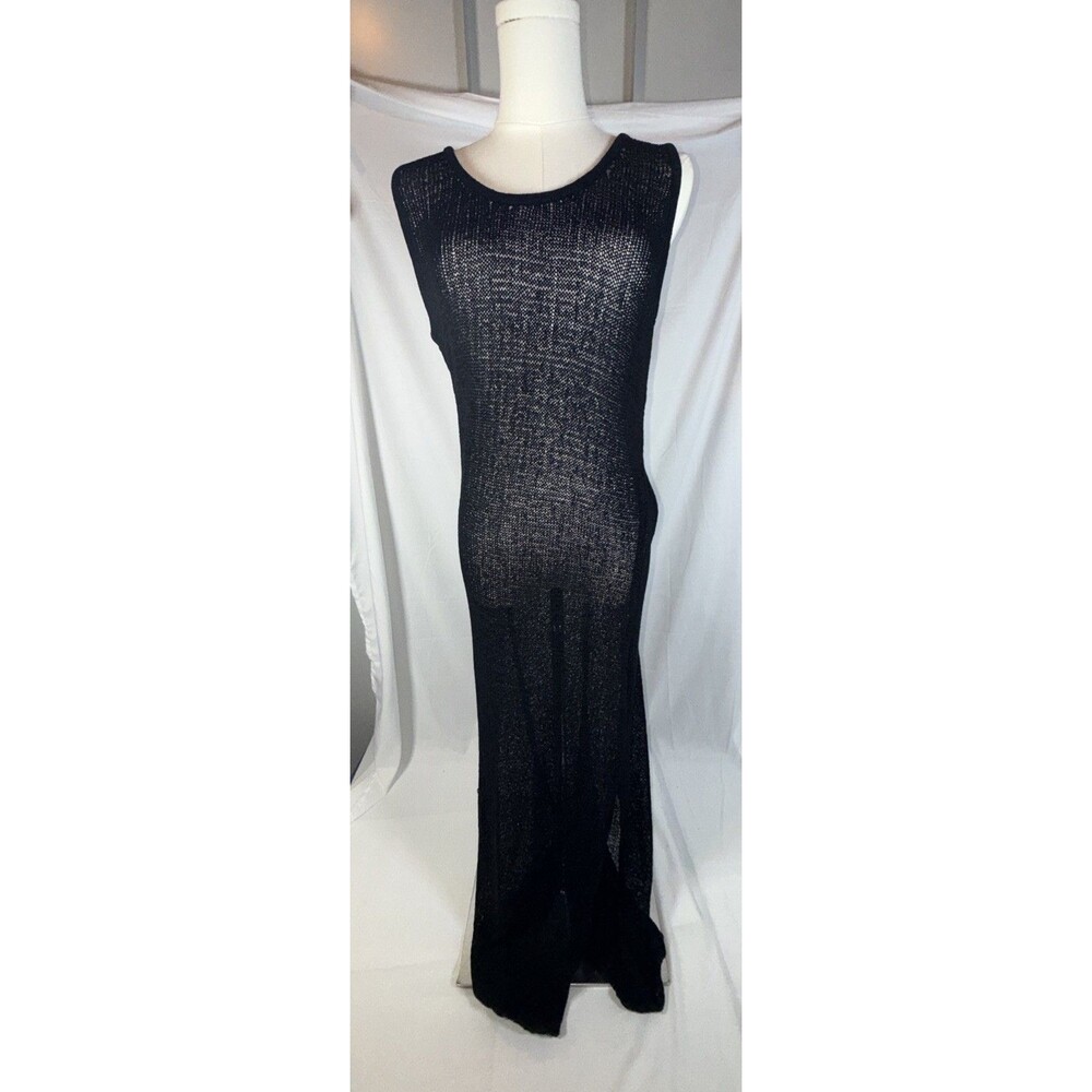 Shade And Shore Black Sheer Crochet Stretch Knit Long Swimsuit Dress Coverup